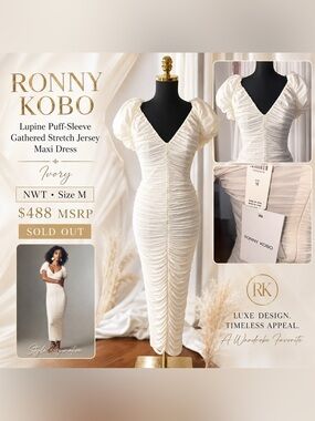 NWT Ronny Kobo Lupine Puff Sleeve Ruched Ivory Maxi Dress M $488